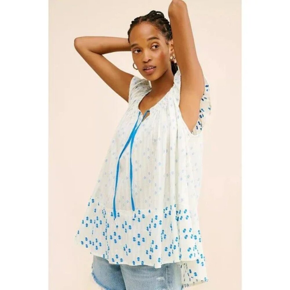 Free People We The Free Jules Flowy Cotton Tunic Top Flutter Sleeve Ivory Blue S - Picture 3 of 8